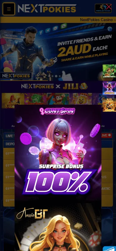 Nextpokies Casino games area on a mobile device